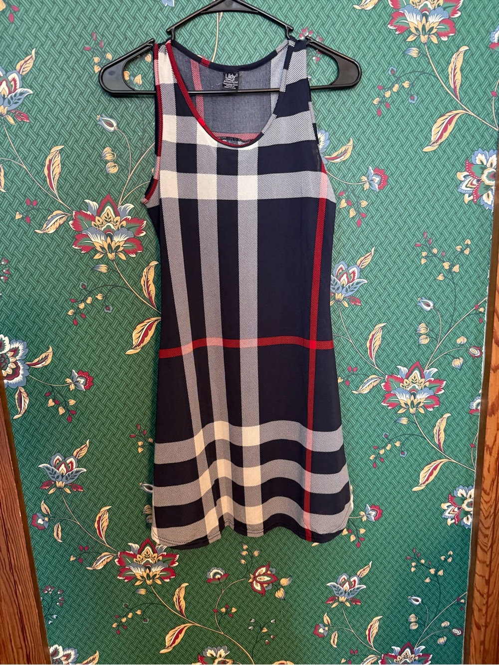 Sleeveless Navy Plaid Shift Dress with Red Accent